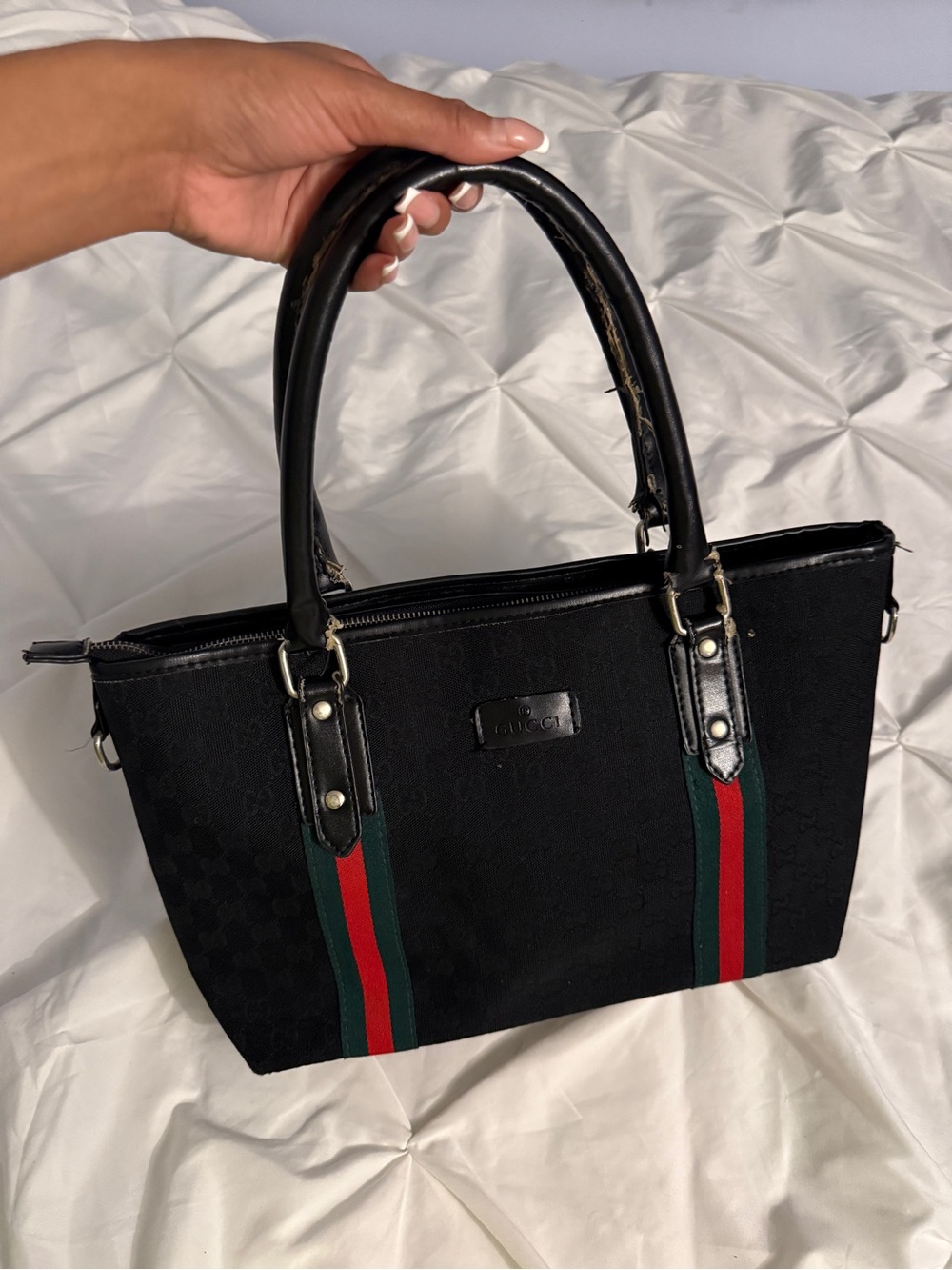 Black Women's Canvas Tote Bag with Green and Red Stripe